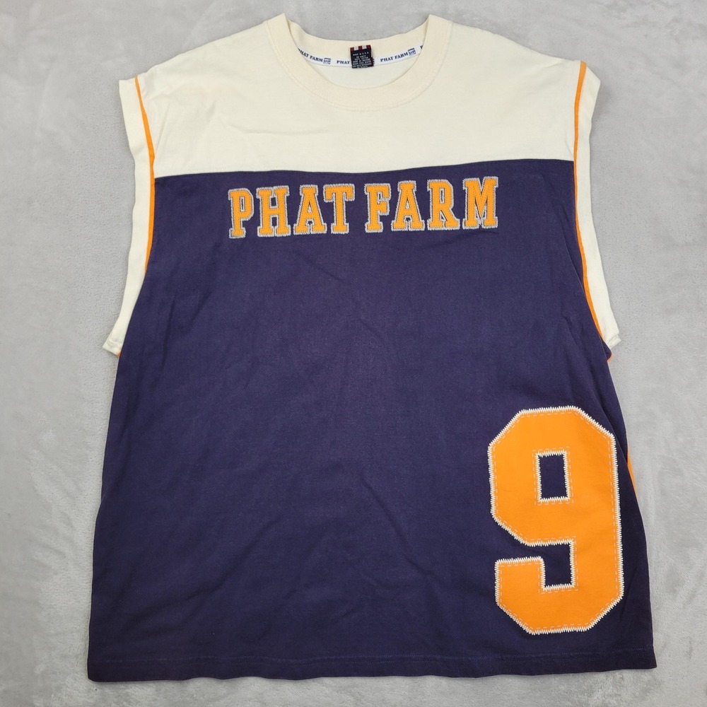 Vintage Phat Farm Shirt Men 2XL Blue Orange Sleeveless Tank Top Made USA 90s Y2K